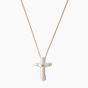 Chan Luu 14K Petite Pearl and Diamond Cross Necklace
